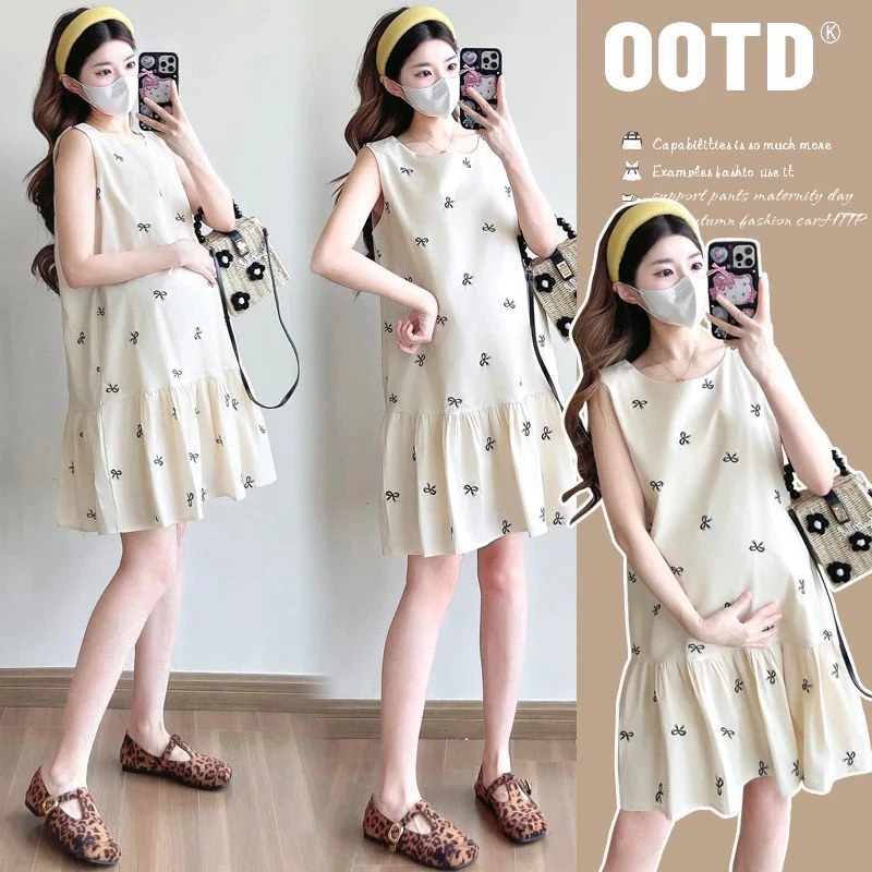 时髦孕妇装2025夏季新款时尚潮妈款背心蝴蝶结大码显瘦公主连衣裙