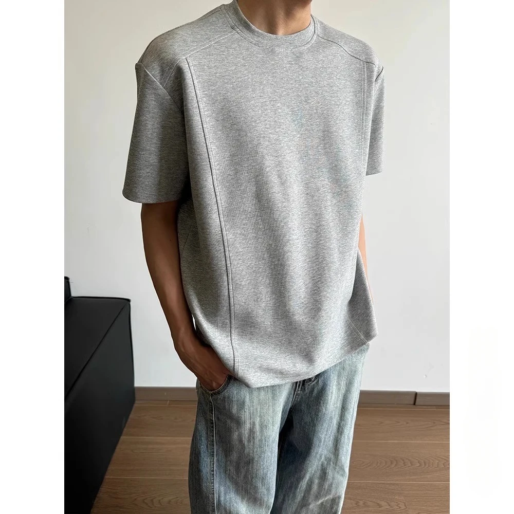 夏季液氨太空棉短袖男士正肩BOXY版型重磅拼接T恤潮流圆领T恤衫