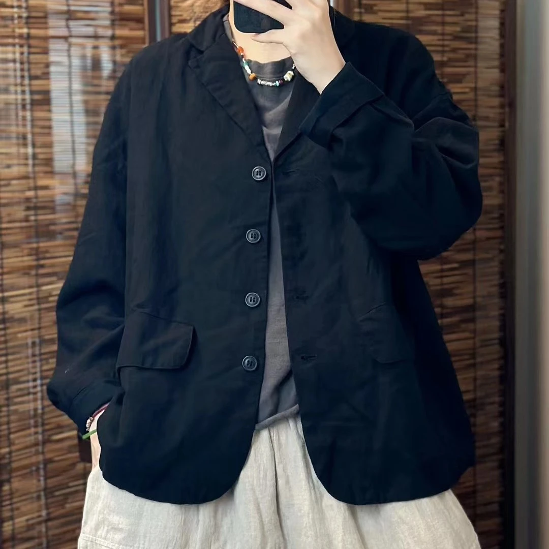 秋季亚麻复古时尚休闲百搭长袖西装外套