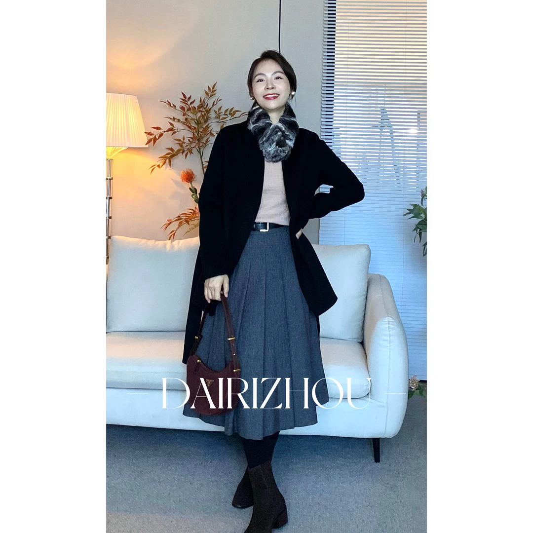 DAIRI   ZHOU▪️扭转的趋势   35羊毛65粘胶高腰压褶灰色半裙气质