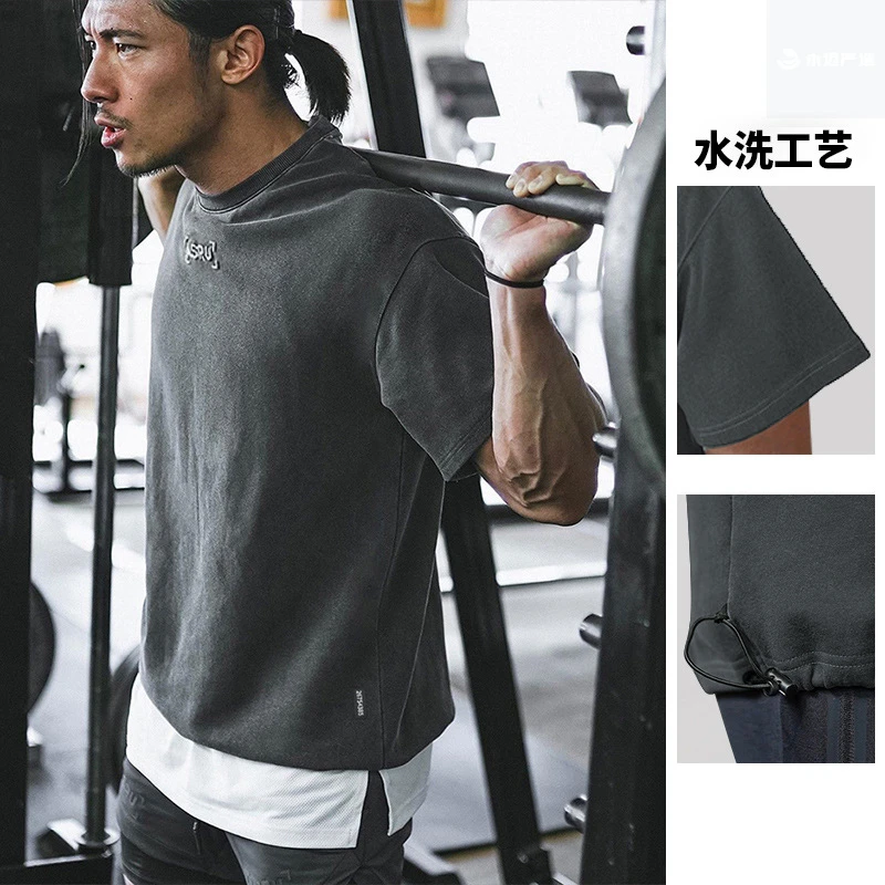 夏季男士短袖t恤美式青年纯棉刺绣t恤男宽松型大码水洗做旧体恤衫