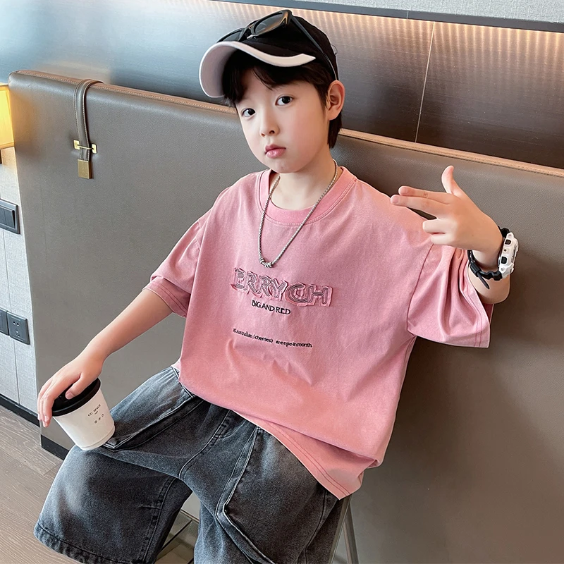 夏季新款韩范痞帅男童t恤百搭潮流小男孩卫衣中大童粉色薄款上衣