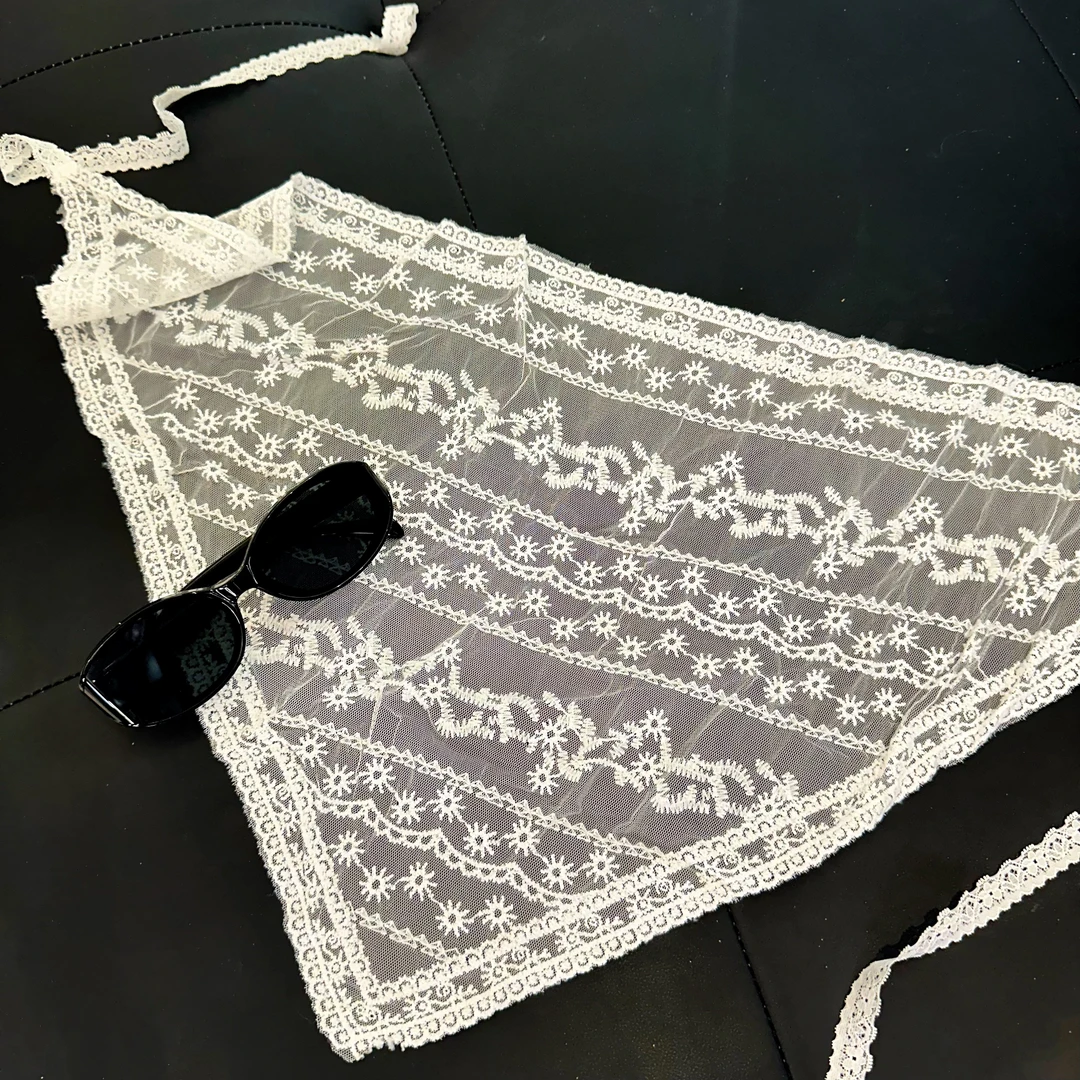 【XXZ】甜美风蕾丝花边三角巾女小众设计感提花网纱叠穿白色屁帘