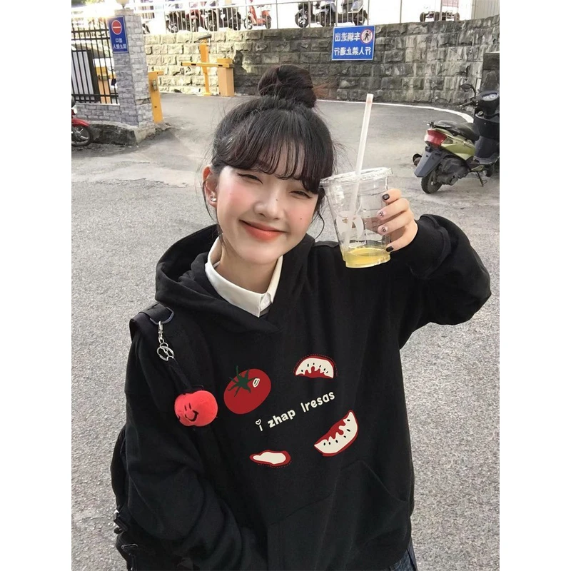 【ZHAP】重磅休闲无帽绳连帽卫衣女黑色秋冬卫衣宽松显瘦加绒加厚潮