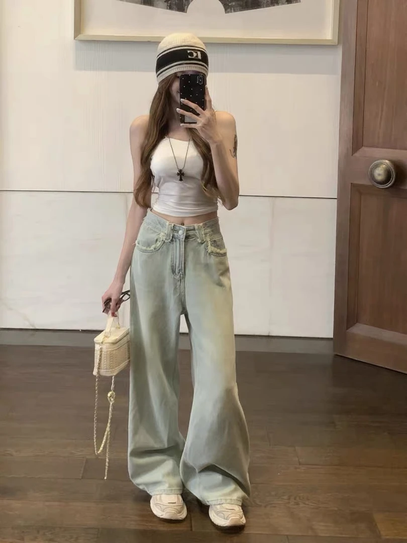 7517美式复古阔腿牛仔裤秋冬新款显瘦宽松设计感直筒裤