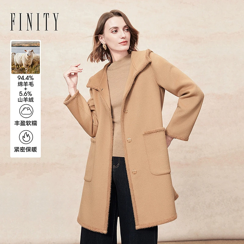 FINITY 毛呢外套2025年冬季新款简约双面呢连帽大衣 F21Y9D11D2