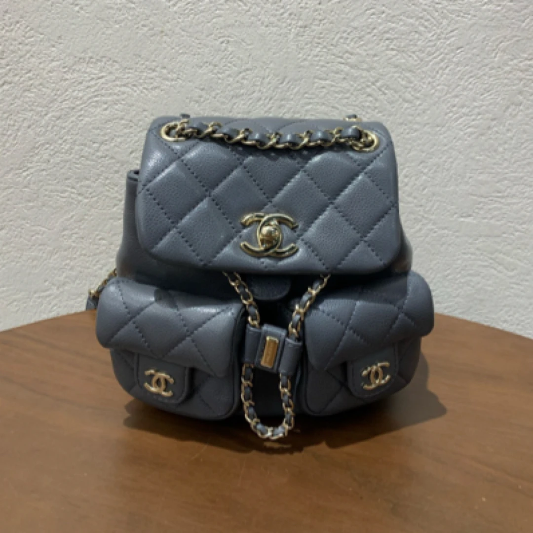 99新 Chanel/香奈儿 24A灰金荔枝纹牛皮青蛙duma 小号