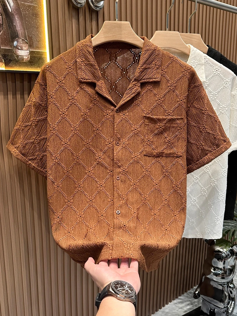 美式复古衬衫短袖男夏季新款潮牌镂空设计宽松凉感古巴领半袖上衣