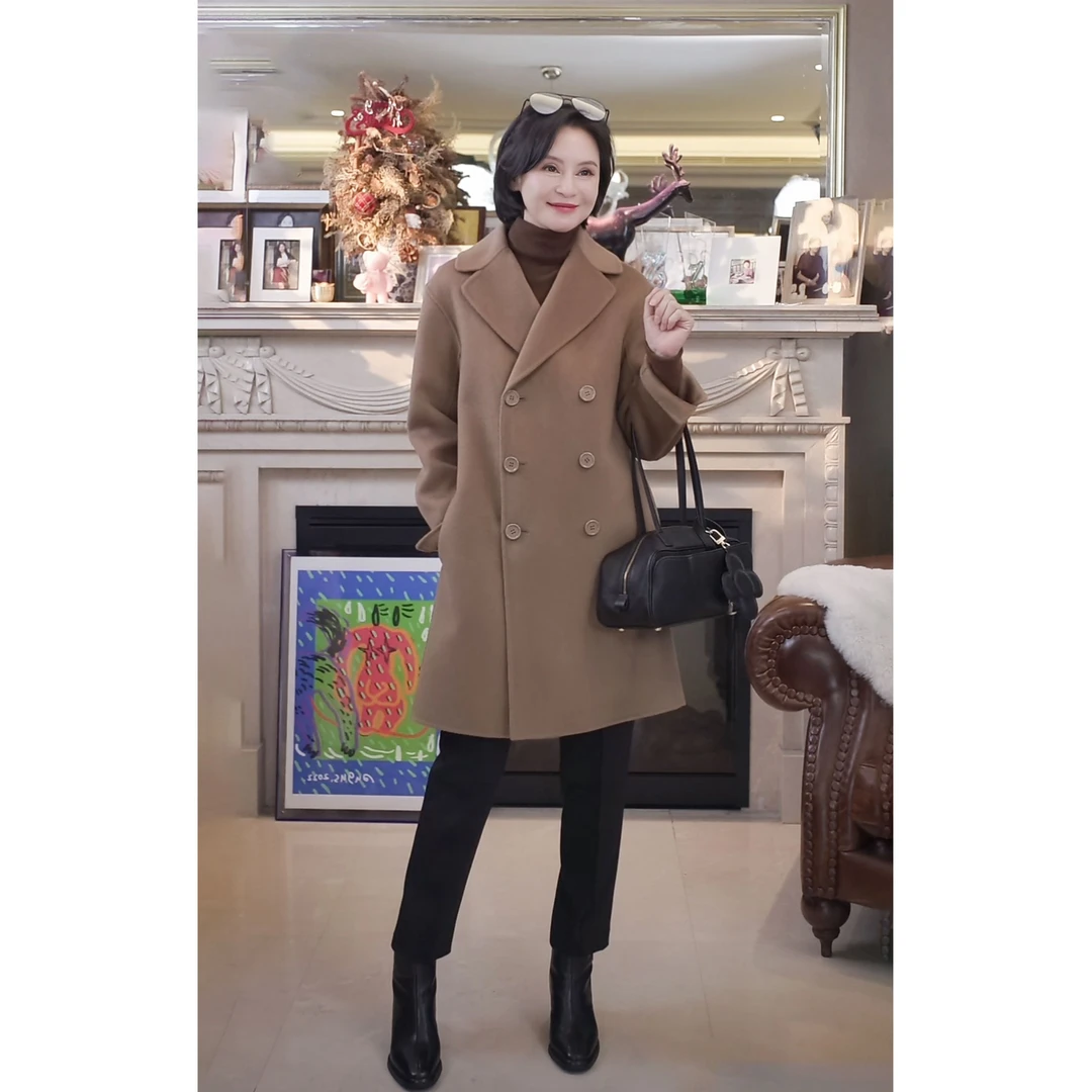 我是摩羯 MM水波纹大衣 山羊绒90支羊羔绵羊毛秋冬双面呢外套