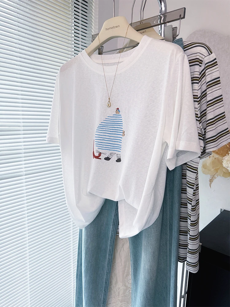 凉爽透气上衣宽松显瘦复古欧美卡通人物印花雪花棉白色短袖T恤女