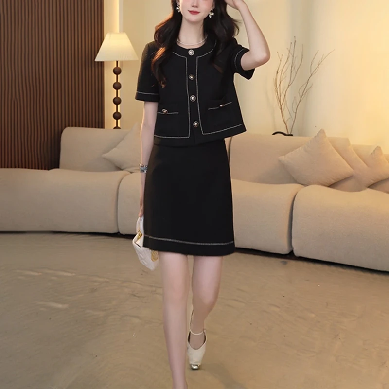 黑色夏季小香风时尚套装裙新款洋气时髦气质显瘦高级感休闲两件套