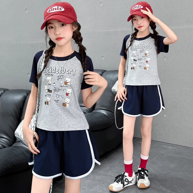 2025女童夏季薄款卡通外穿韩版女孩运动拉条短裤套装休闲个性百搭