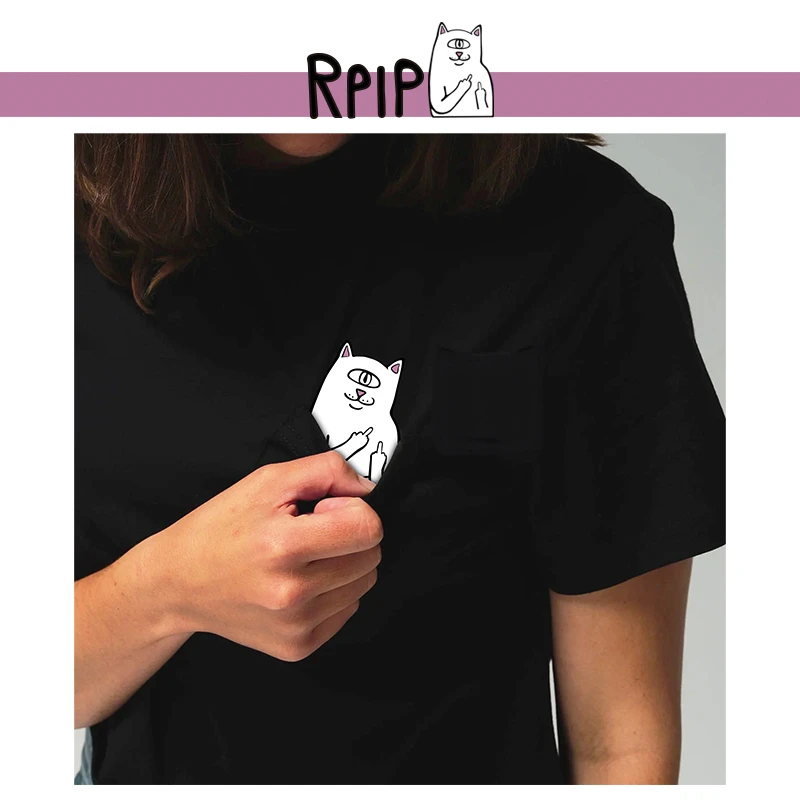 RPIP短袖T恤男中指猫白色纯棉贱猫情侣夏季春夏宽松印花简约圆领