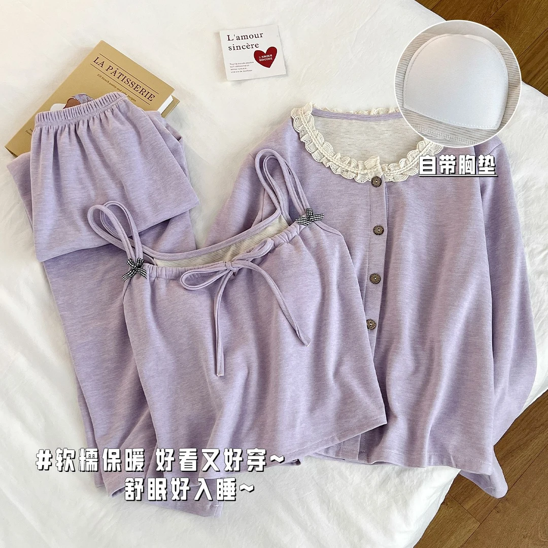 加厚绒圆领三件套保暖长袖冬季带胸垫羊绒家居服睡衣女款2025新款