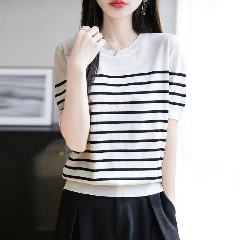 复古撞色黑白条纹针织短袖T恤女轻薄透气气质圆领宽松小众上衣t恤