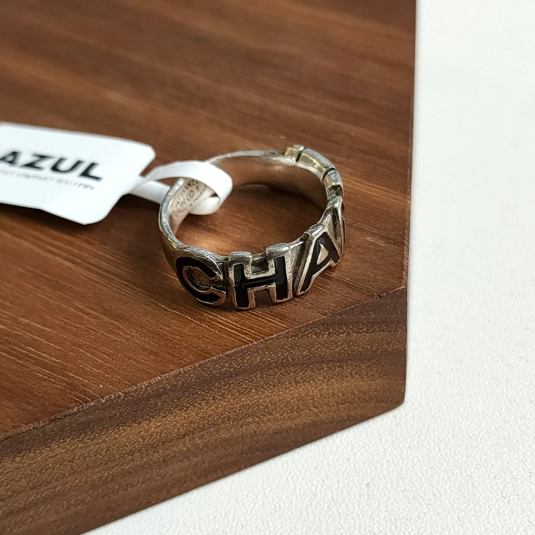 95新 Chanel/香奈儿 Azul-Chanel 00T黑银珐琅字母52码戒指 44183