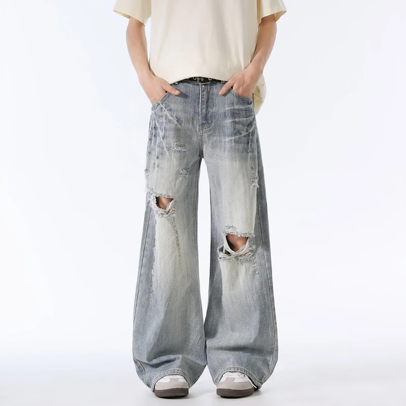 2025夏季新款美式复古弯刀破洞牛仔裤男款休闲直筒宽松阔腿长裤子
