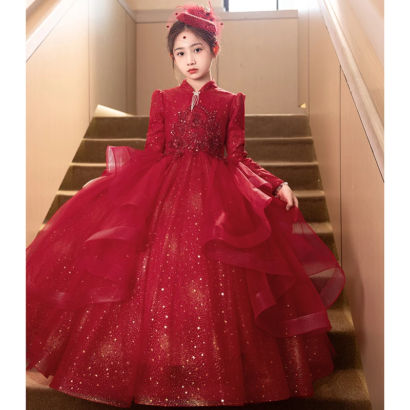 女童宴会演出服高级轻奢春季新款红色优雅公主风格礼服