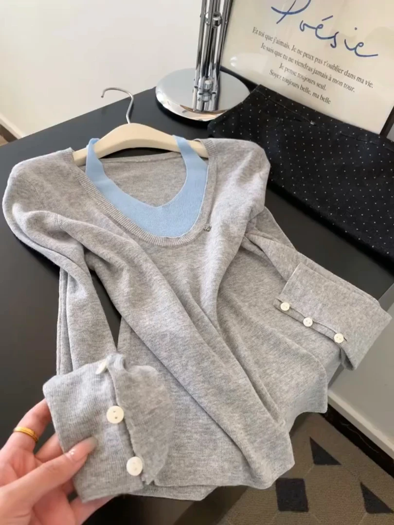 韩系奶呼呼温柔撞色假两件针织毛衣女2025秋冬季修身显瘦长袖上衣