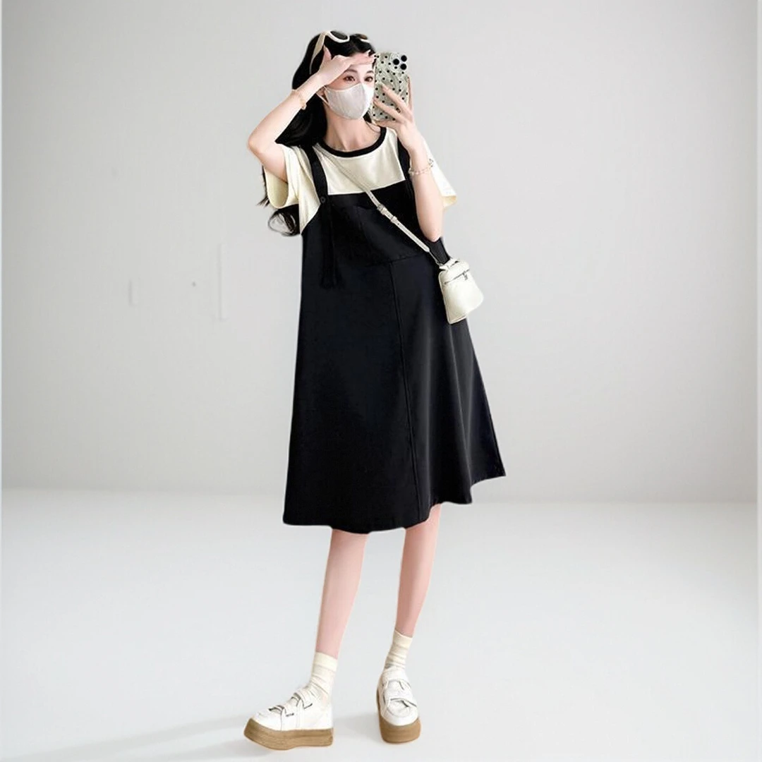 孕妇装2025夏季薄款简约假两件连衣裙时尚宽松洋气高级感背带裙