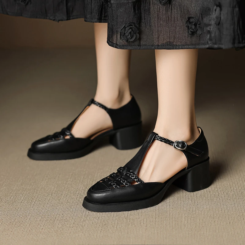 轻奢鞋子春季夏季适用！复古法式粗跟厚底中跟百搭时尚真皮女鞋，春