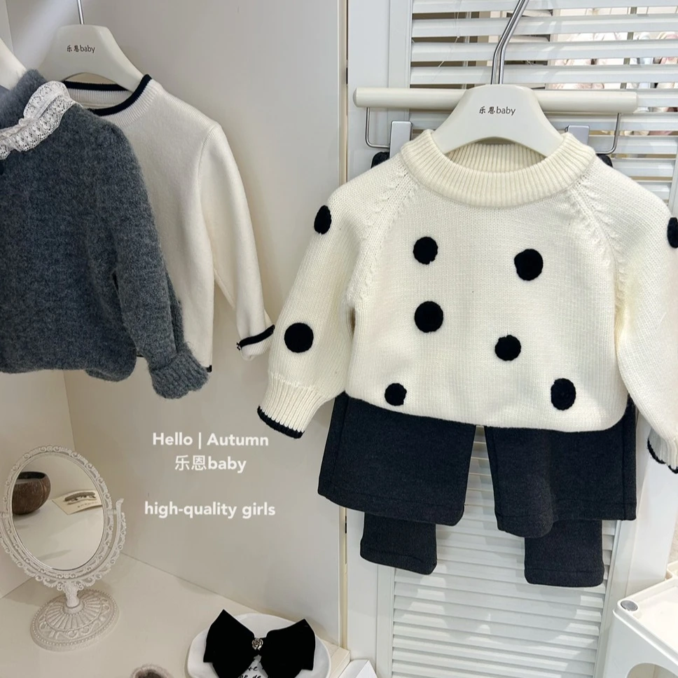 现货【乐恩童装】女童秋冬季新款加厚毛线衣时髦假两件加绒裤两件套