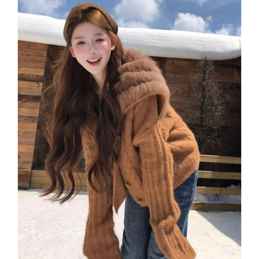 美拉德穿搭大翻毛领毛衣外套女秋冬季加厚保暖慵懒风针织开衫上衣