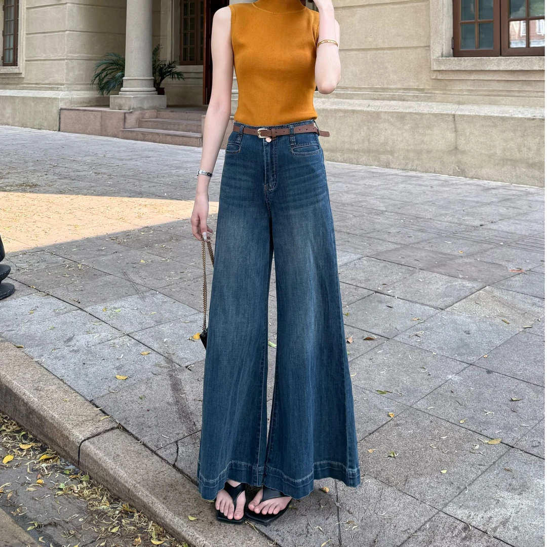 【福桃推荐】夏季新款复古蓝高腰阔腿显腿长牛仔拖地裤配腰带3379
