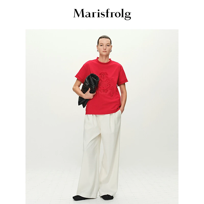 Marisfrolg玛丝菲尔25年红色新年打底气质女装高级T恤A1FZ10357