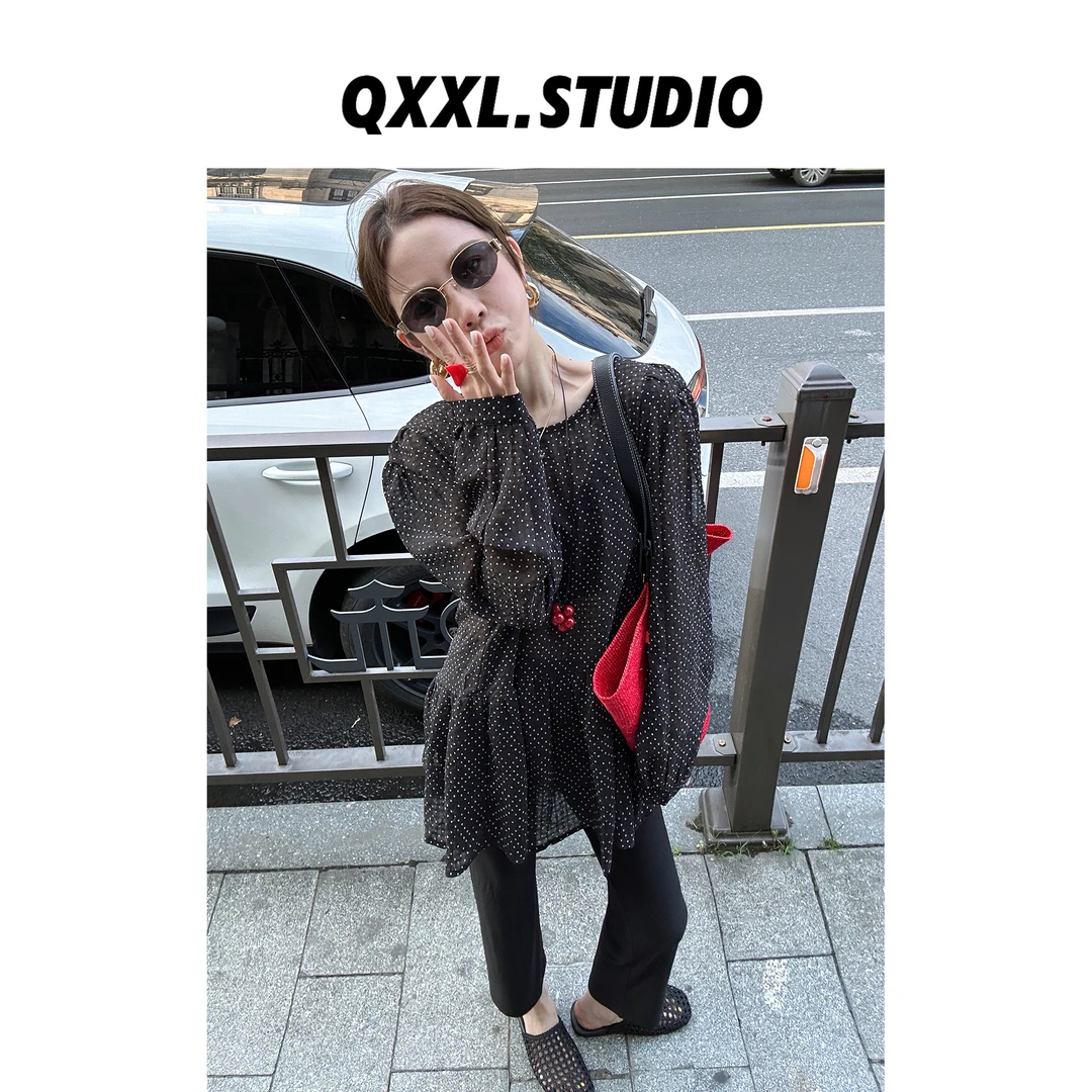 邱小小丽呀 夏款圆领波点长袖衬衫 百搭宽松设计感上衣女