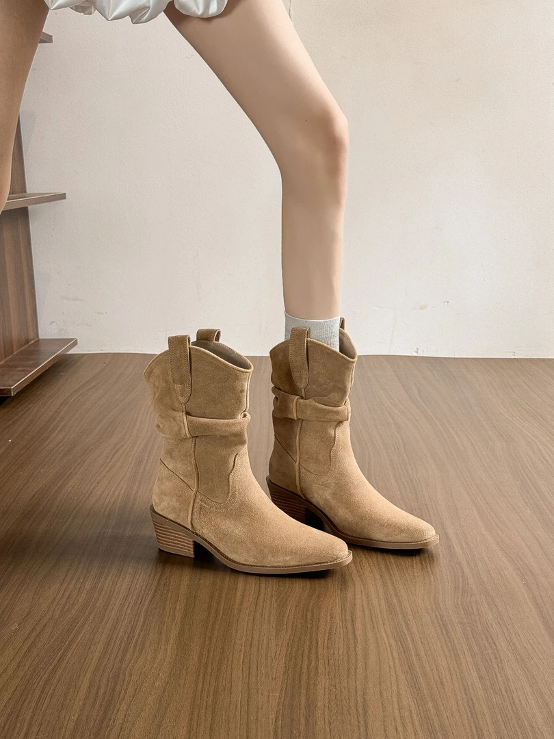 真皮版！美拉德西部牛仔靴女2025新款复古粗跟堆堆靴中筒马丁靴女