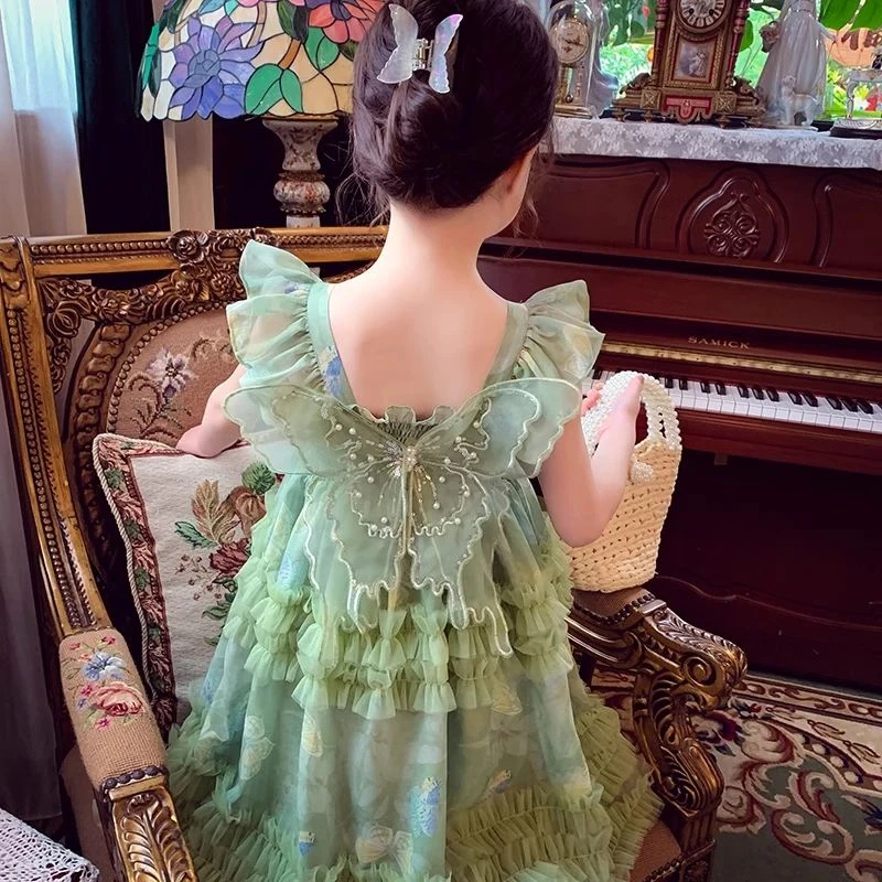 女童连衣裙夏装2025新款儿童网红蝴蝶结吊带裙女孩蓬蓬网纱公主裙