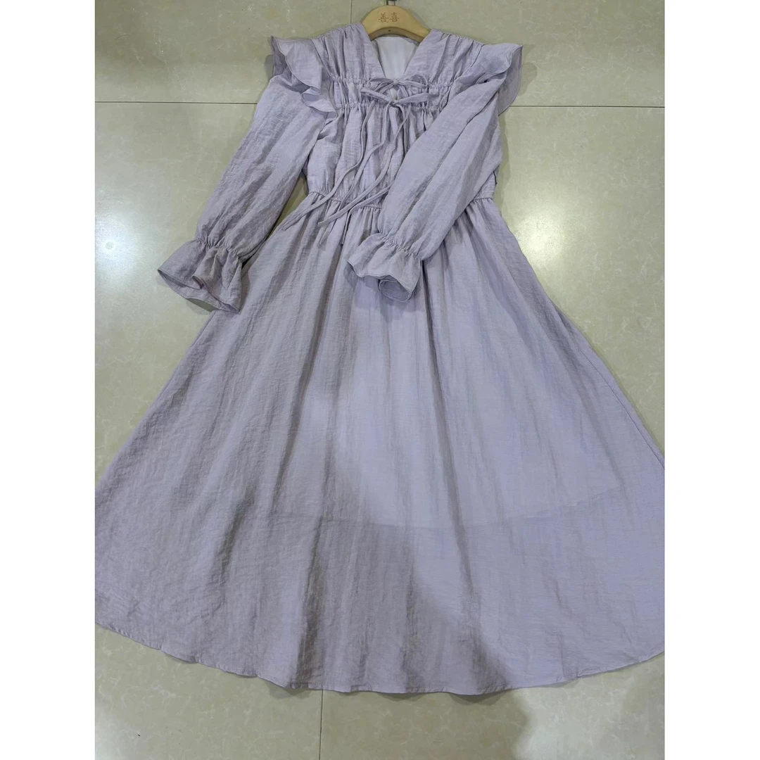 5077紫色荷叶边气质长袖连衣裙