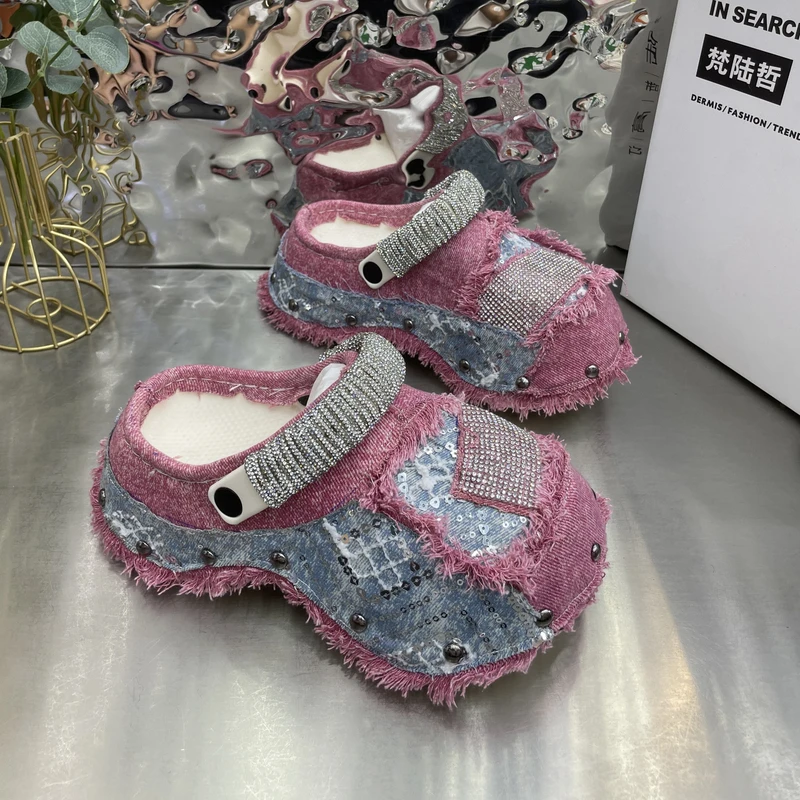 欧货2025新款厚底单鞋舒适水钻牛仔布百搭女鞋爆款鞋潮鞋包头半拖