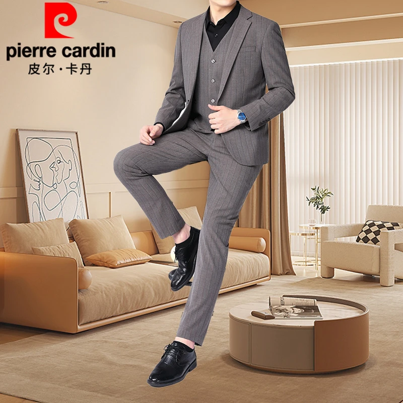 皮尔卡丹春秋款男士轻奢修身西服男商务休闲高档结婚礼服三件套装