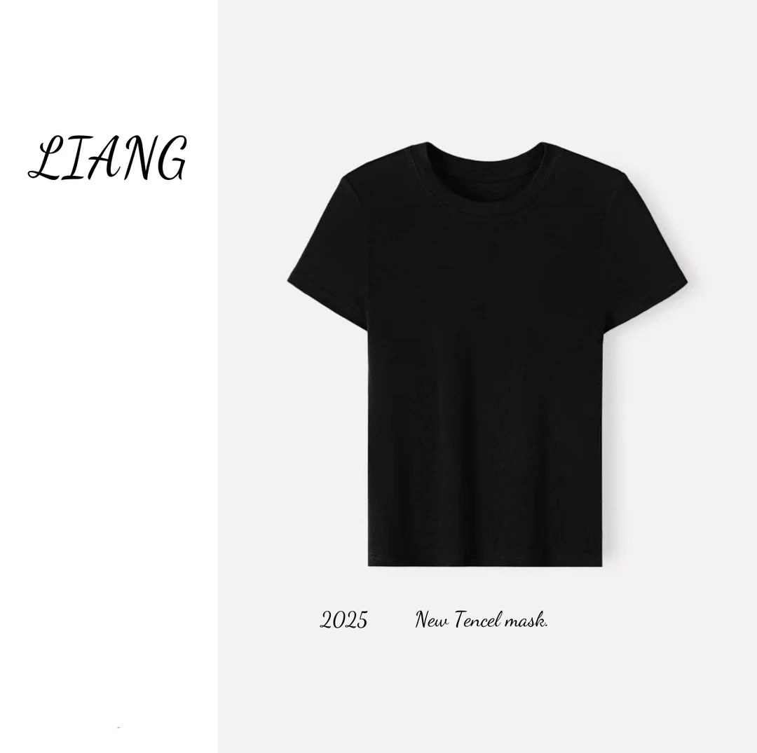 【LIANG】面膜T莱赛尔夏季透气T恤女款针织圆领薄款常规袖潮流休闲T
