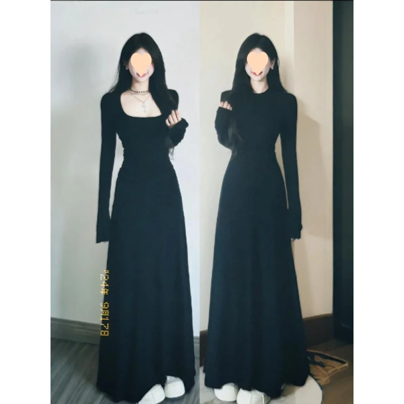 哥弟阿玛施正品小黑裙时尚打底2024秋修身长款连衣裙女收腰显瘦方
