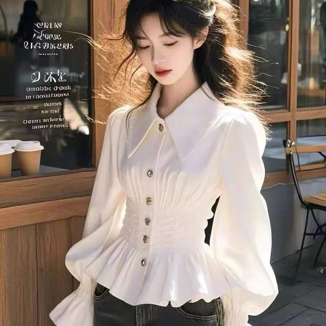 白色高级感翻领长袖衬衫女春季新款温柔气质独特衬衣上衣收腰显瘦