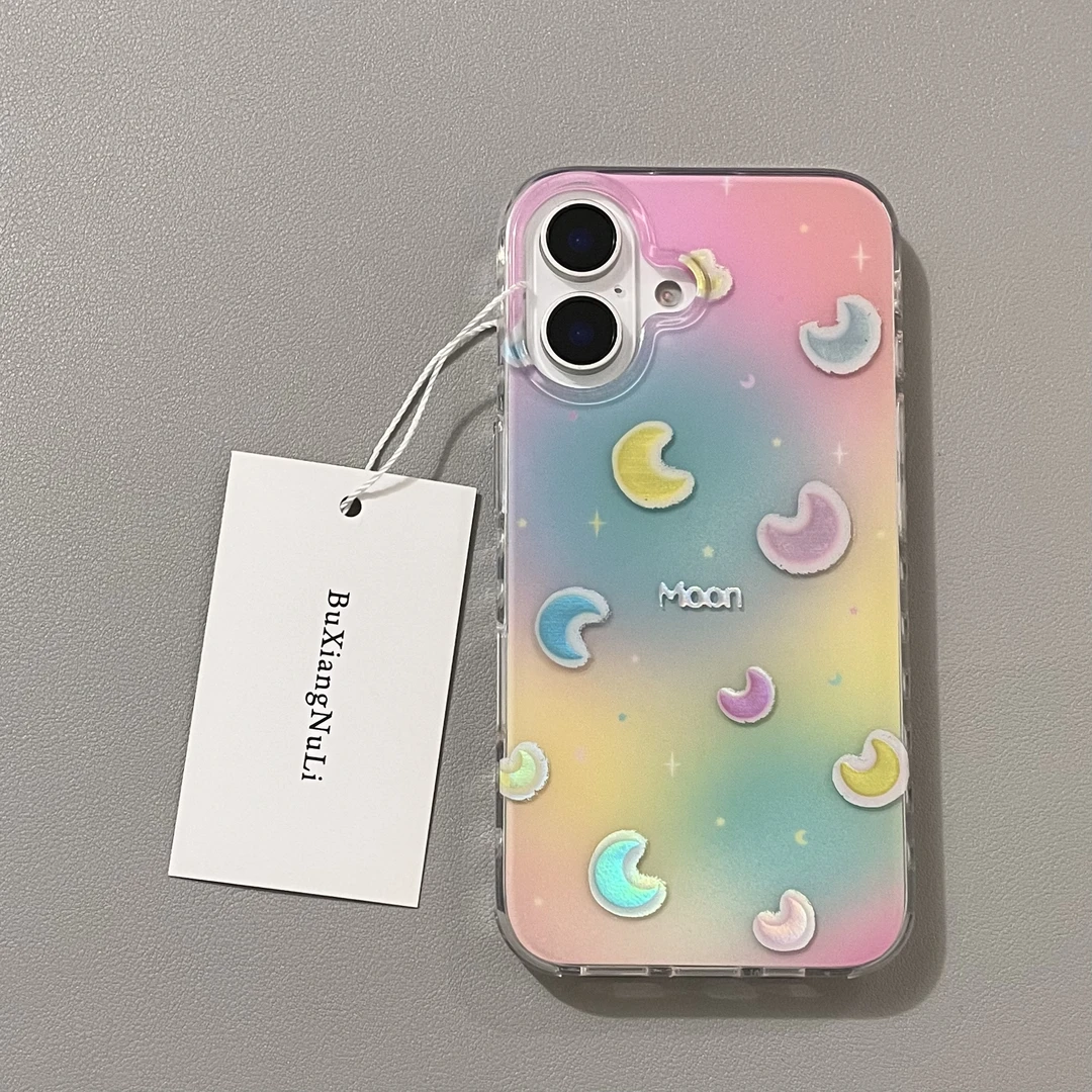 ins彩色晕染镭射鎏金月亮适用苹果16pro手机壳iPhone15全包14/13