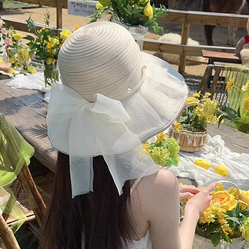 大檐遮阳帽女夏季新款珍珠网纱气质彩胶渔夫帽女士防紫外线防晒帽