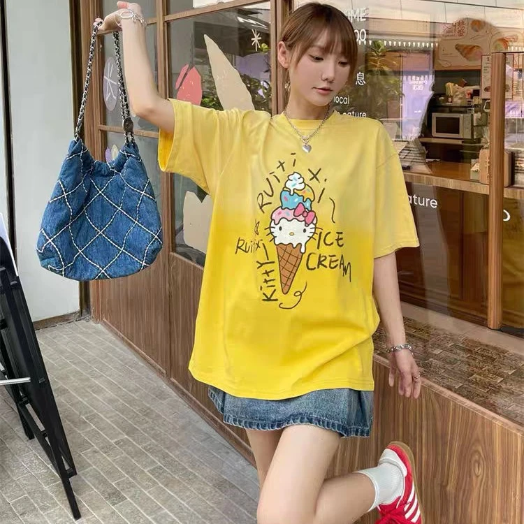 春季出游 小众潮牌纯棉时尚渐变色卷松版T恤