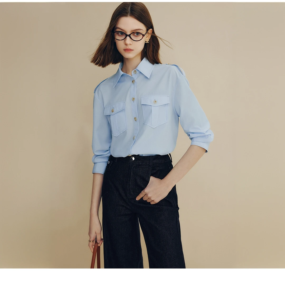 法曼萱法式肩章工装风衬衫女小个子2025春新款高级感廓形翻领上衣