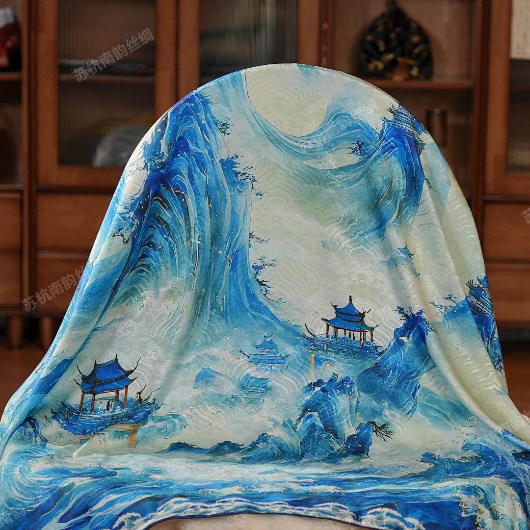 孤【D83-146山海图】140*140提花丝巾披肩香云纱老料百搭女士纯色