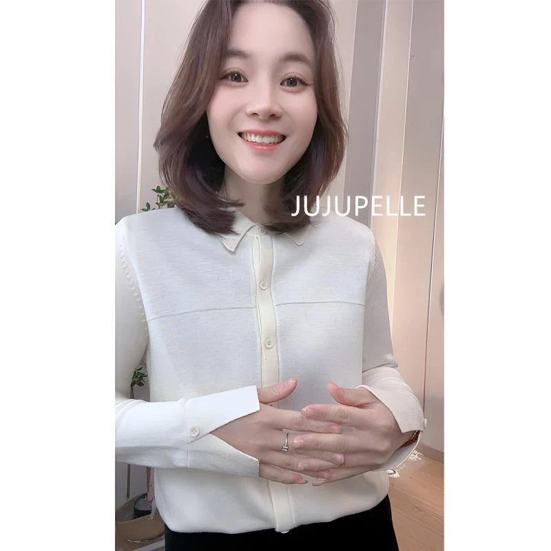 秋季新款衬衫领纯色设计感洋气翻领毛衣打底衫女士套头上衣针织衫