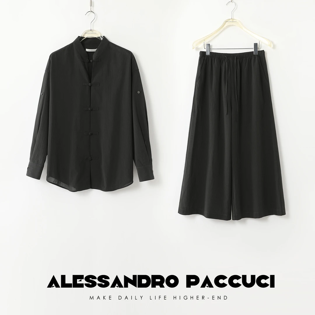 AP洛哥42046HC/42101KD国产【竹隐】新中式条纹棉麻盘扣衬衫/七分裤