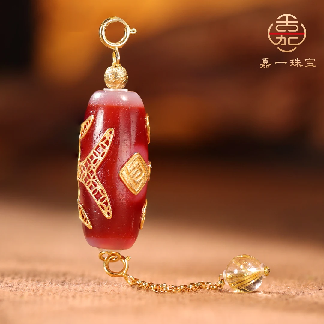 【嘉一珠宝】（秒杀）点石成金-贵人红遍天18K金吊坠国潮中式天珠挂饰