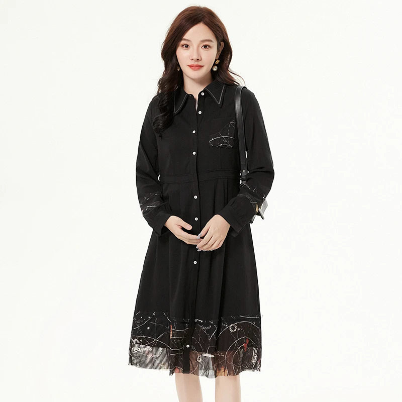 G101拼色设计裙子单排扣长袖连衣裙女2025春51PT0A0001