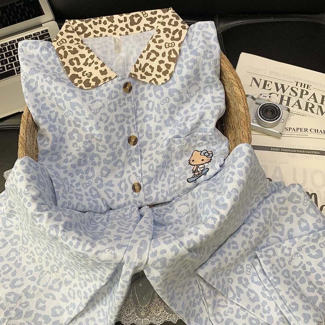 【蓝豹纹凯蒂猫】夏季蓝色豹纹短袖云朵绵三件套睡衣女士家居服套装