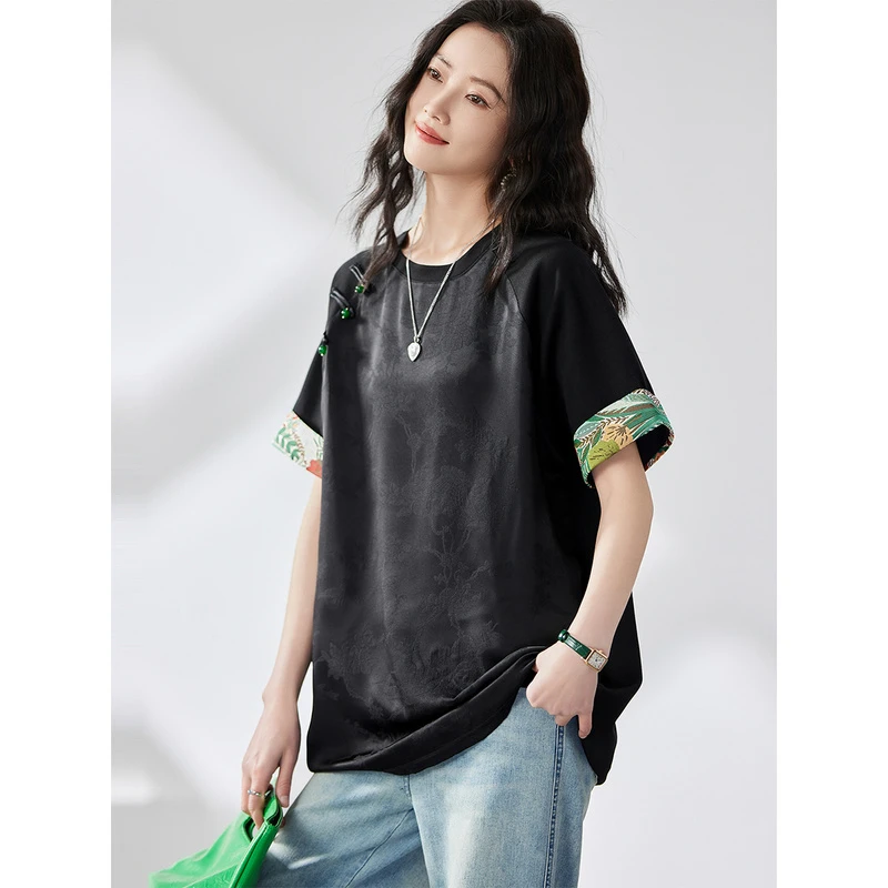 新中式圆形短袖t恤女夏装新款宽松半袖体恤洋气休闲上衣TC1190