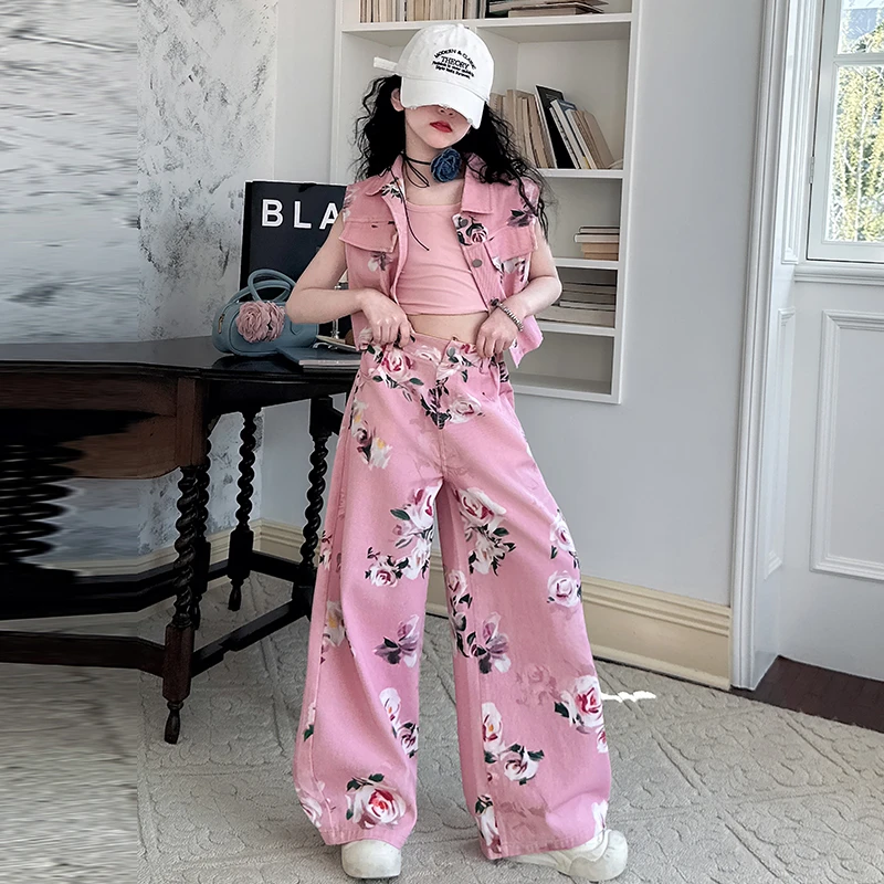 女童玫瑰花套装2025年新款儿童韩版夏装背心马甲阔腿裤甜酷三件